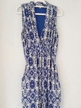 Collective Concepts Geometric Blue Dress with Waist Tie and Pockets
